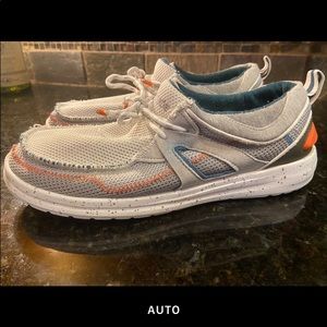 Hey dude mens size 8. Good condition. One slight flaw on left shoe.